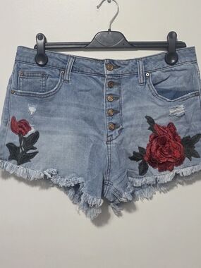 NOBO Light Blue Denim Shorts with Red Rose Appliqué
